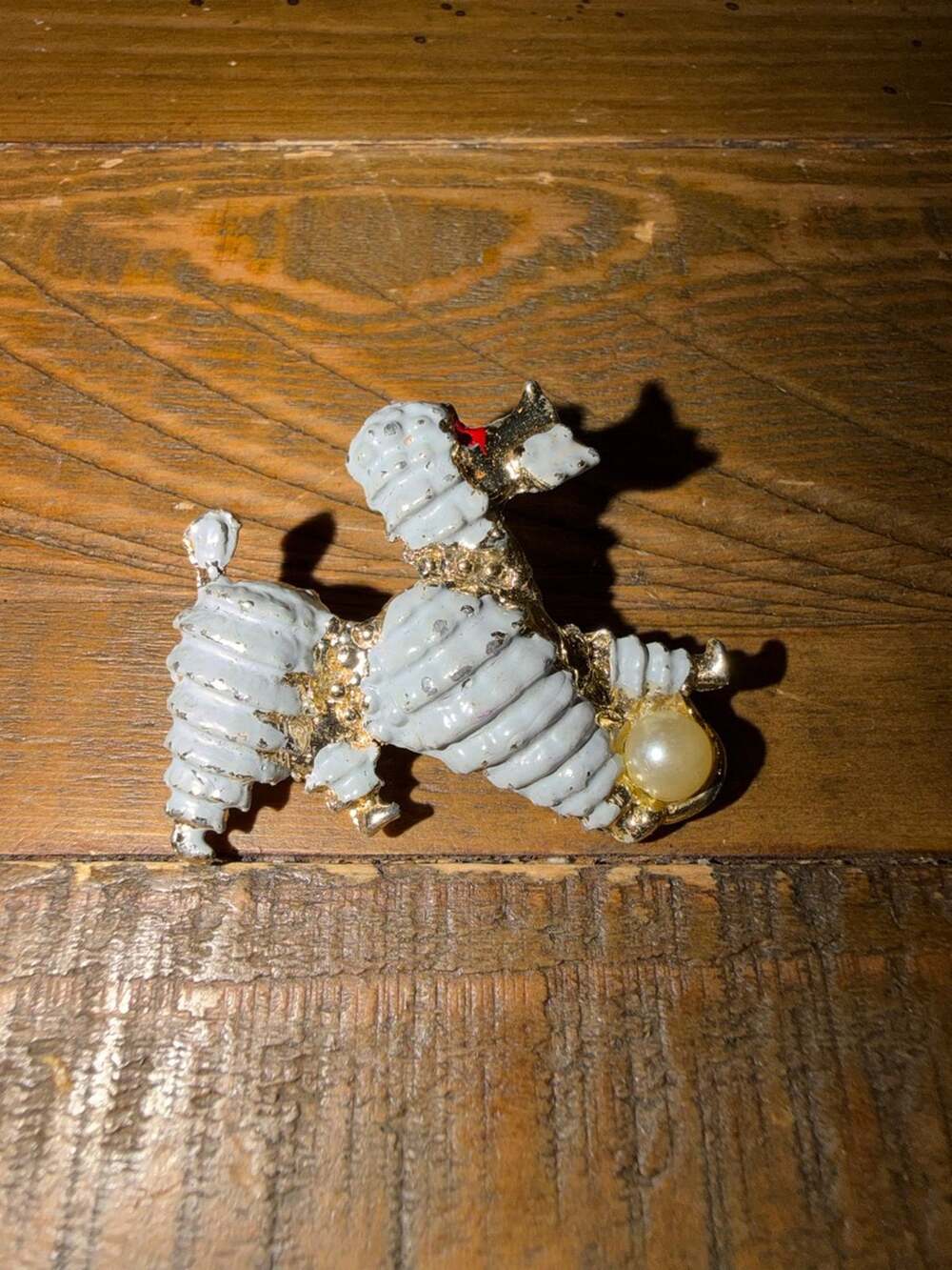 Vintage White Enamel Poodle Brooch with Faux Pearl